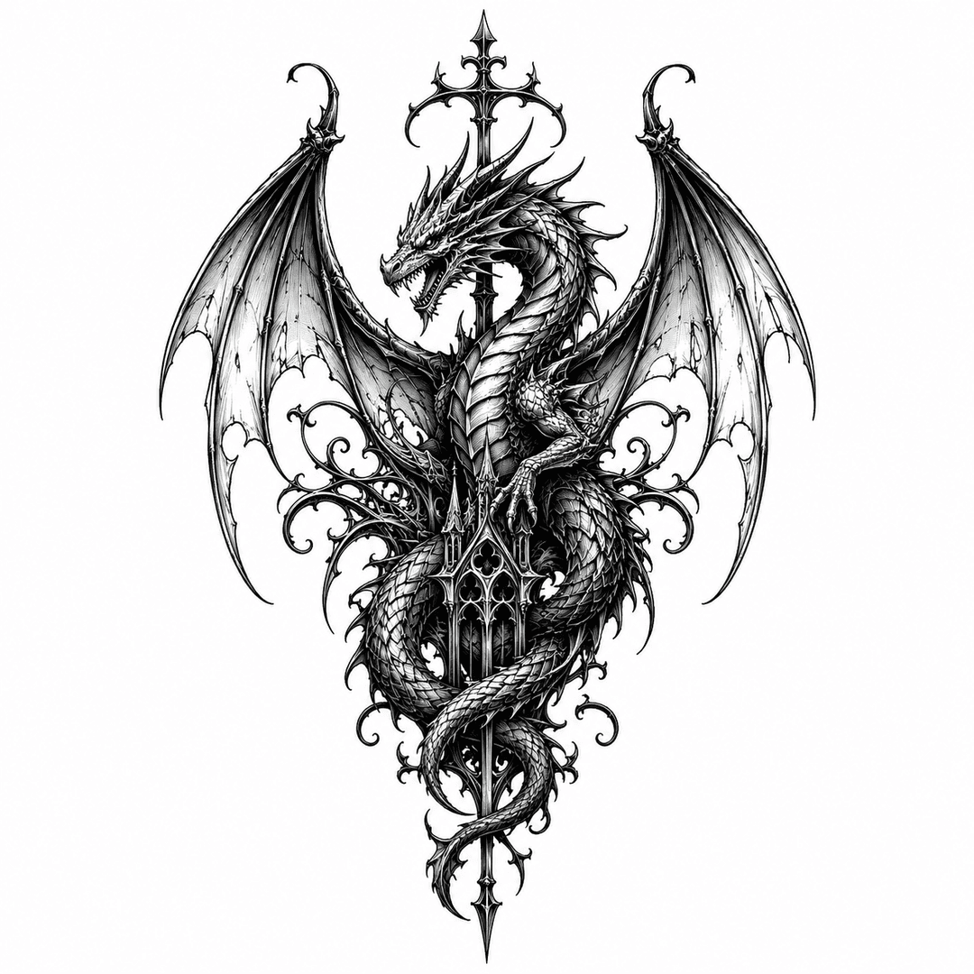 Detailed gothic dragon tattoo reference