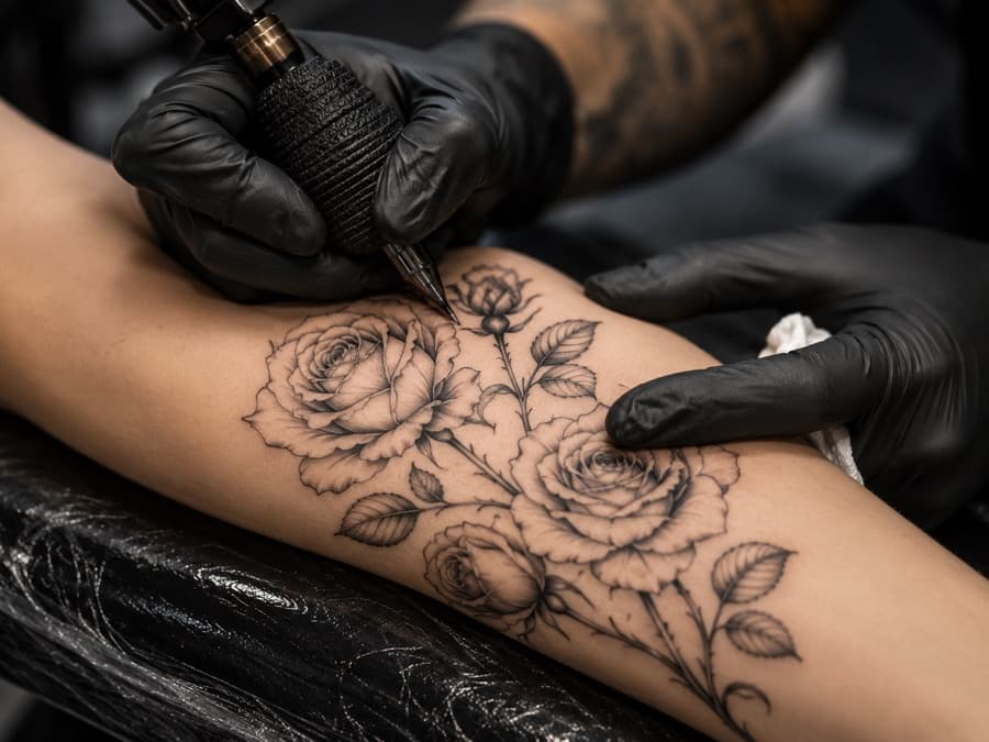 Tattoo artist working on an arm