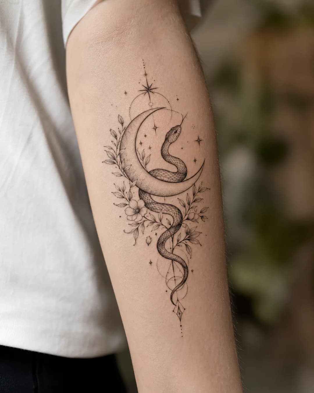moon and snake tattoo previewed on skin