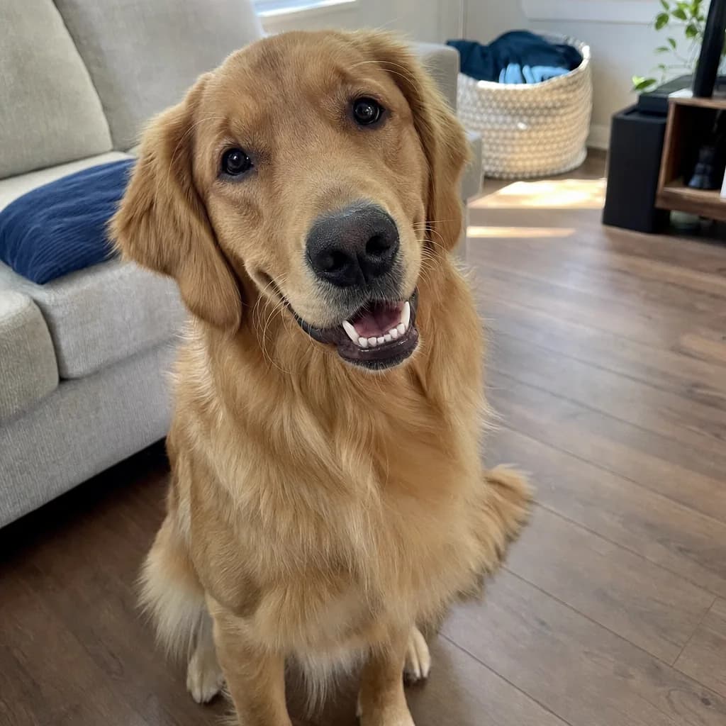 Photo of a golden retriever sitting in a living room