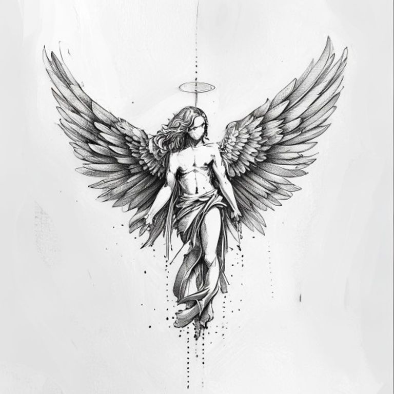 Guardian Angel tattoo design — dotwork shading style